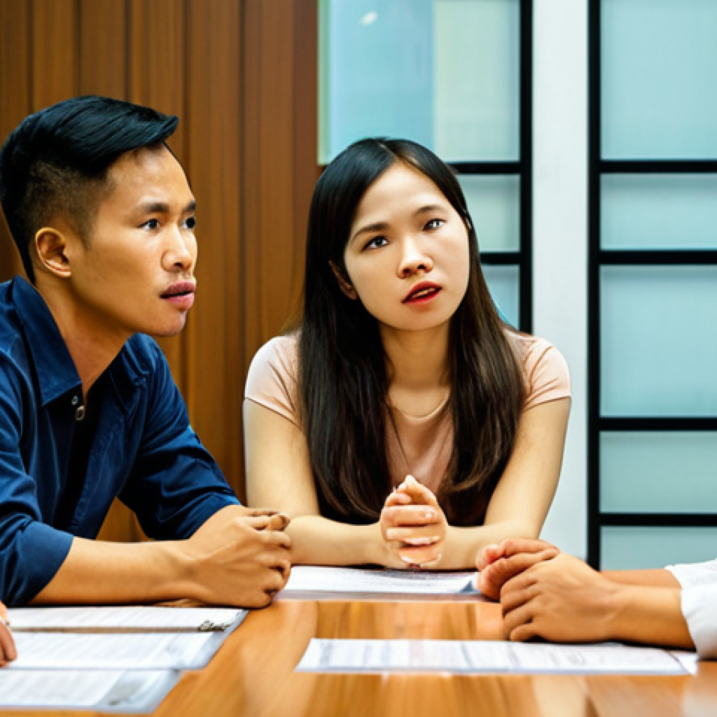 **

A diverse group of Vietnamese colleagues sitting around a table, engaged in active listening. Focus on warm lighting and genuine expressions of respect and understanding. One person is speaking while others are attentively listening and nodding. The scene evokes a sense of psychological safety and open communication in a modern office environment, possibly in Ho Chi Minh City.

**