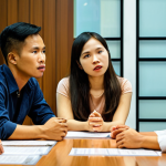 **

A diverse group of Vietnamese colleagues sitting around a table, engaged in active listening. Focus on warm lighting and genuine expressions of respect and understanding. One person is speaking while others are attentively listening and nodding. The scene evokes a sense of psychological safety and open communication in a modern office environment, possibly in Ho Chi Minh City.

**