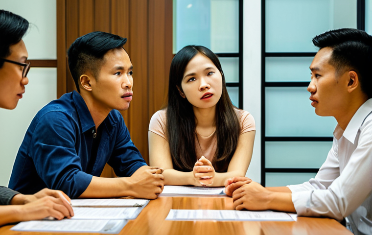 **
A diverse group of Vietnamese colleagues sitting around a table, engaged in active listening. Focus on warm lighting and genuine expressions of respect and understanding. One person is speaking while others are attentively listening and nodding. The scene evokes a sense of psychological safety and open communication in a modern office environment, possibly in Ho Chi Minh City.
**