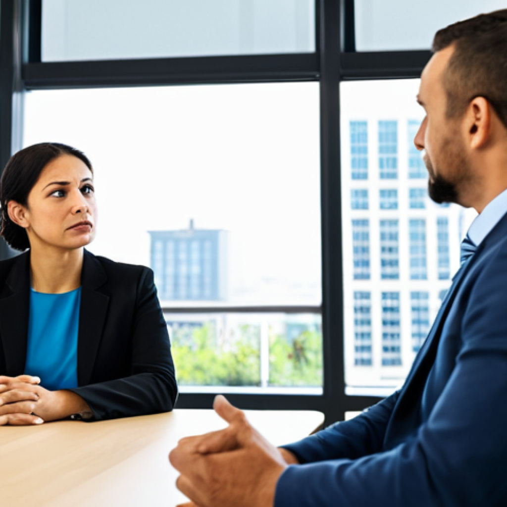 A diverse group of two professionals, one man and one woman, in their late 20s to early 40s, dressed in modest business attire, are engaged in a calm and constructive discussion in a bright, modern office meeting room. The woman is attentively listening with an empathetic and understanding expression, while the man is speaking clearly and calmly, conveying his thoughts. The background features a large window with natural light and a blurred cityscape, emphasizing a professional and focused atmosphere. The scene conveys collaboration and mutual respect. This image should have perfect anatomy, correct proportions, natural poses, well-formed hands, and proper finger count. It must be fully clothed, appropriate attire, modest clothing, safe for work, professional, appropriate content, and family-friendly.