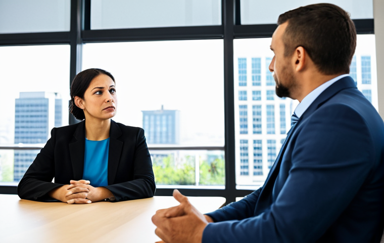 A diverse group of two professionals, one man and one woman, in their late 20s to early 40s, dressed in modest business attire, are engaged in a calm and constructive discussion in a bright, modern office meeting room. The woman is attentively listening with an empathetic and understanding expression, while the man is speaking clearly and calmly, conveying his thoughts. The background features a large window with natural light and a blurred cityscape, emphasizing a professional and focused atmosphere. The scene conveys collaboration and mutual respect. This image should have perfect anatomy, correct proportions, natural poses, well-formed hands, and proper finger count. It must be fully clothed, appropriate attire, modest clothing, safe for work, professional, appropriate content, and family-friendly.