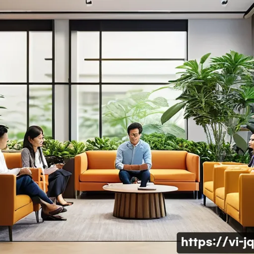 심리적 안전감을 높이는 직원 참여 방법 - A modern Vietnamese office environment featuring a diverse group of employees engaged in open commun...