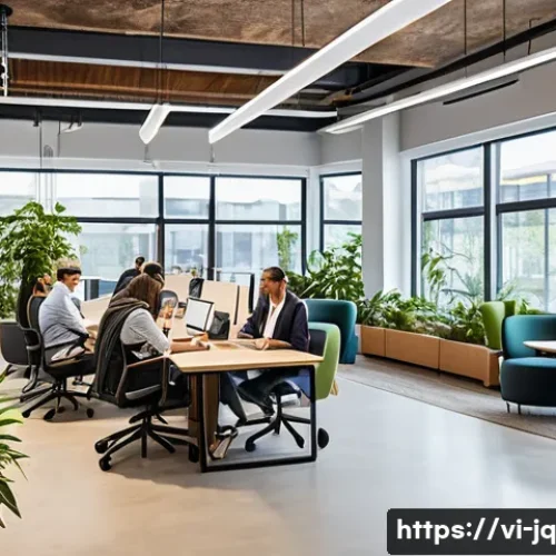 심리적 안전감을 위한 적절한 사무환경 조성 - A modern flexible workspace filled with natural light streaming through large windows, featuring ope...