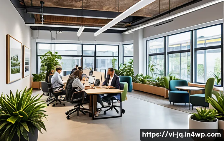 심리적 안전감을 위한 적절한 사무환경 조성 - A modern flexible workspace filled with natural light streaming through large windows, featuring ope...