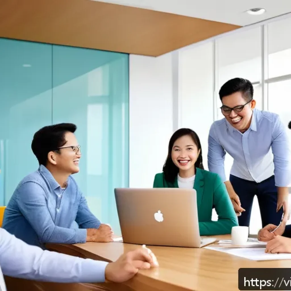 심리적 안전감을 높이는 직원 리텐션 전략 - A modern Vietnamese office scene showcasing an “Open Door” policy: a diverse group of employees in c...