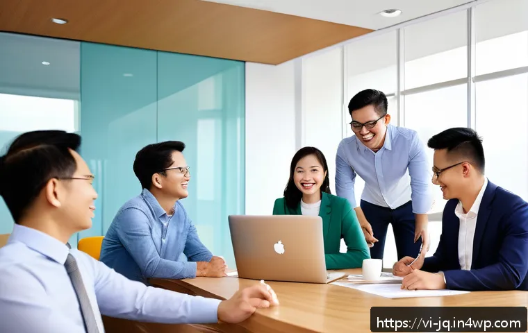 심리적 안전감을 높이는 직원 리텐션 전략 - A modern Vietnamese office scene showcasing an “Open Door” policy: a diverse group of employees in c...