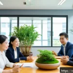 심리적 안전감을 위한 갈등 해결 기법 - A modern Vietnamese office meeting room scene showing diverse colleagues actively engaging in a grou...